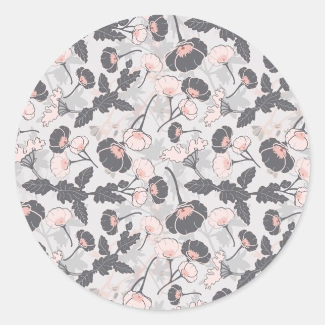 Elegant Feminine Pink Grey Layered Flowers Classic Round Sticker (Front)