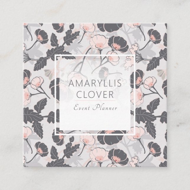 Elegant Feminine Pink Grey Layered Flowers Square Business Card (Front)