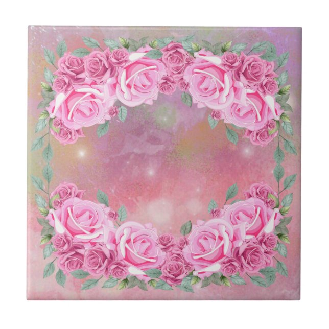 Elegant Feminine Romantic Pink Roses Arrangement Tile (Front)