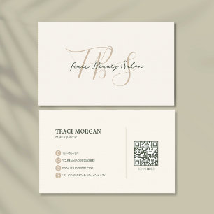 Elegant Feminine Script Cream Sage Green Qr Code Business Card
