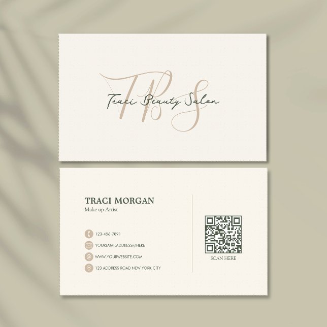 Elegant Feminine Script Cream Sage Green Qr Code Business Card (Creator Uploaded)