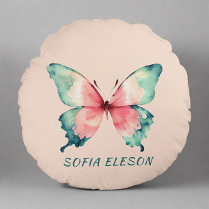 Elegant Feminine Soft Pink Watercolor Butterfly  Round Cushion
