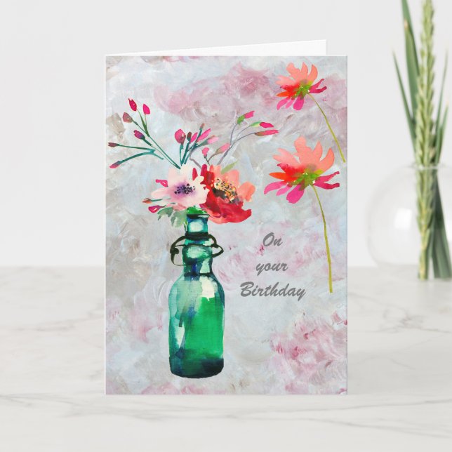 Elegant Feminine Watercolor Flowers Birthday Card (Front)