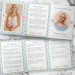 Elegant Feminine Watercolor Pink Bow Photo Funeral Tri-Fold Programme