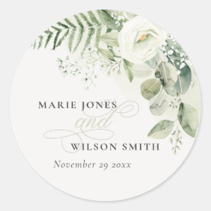Elegant Fern Eucalyptus Greenery Foliage Wedding Classic Round Sticker