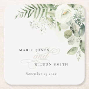 Elegant Fern Eucalyptus Greenery Foliage Wedding Square Paper Coaster