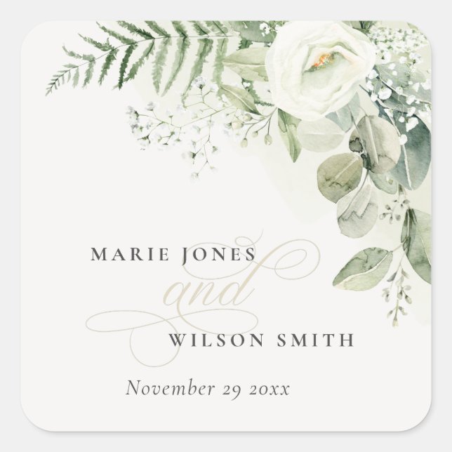Elegant Fern Eucalyptus Greenery Foliage Wedding Square Sticker (Front)