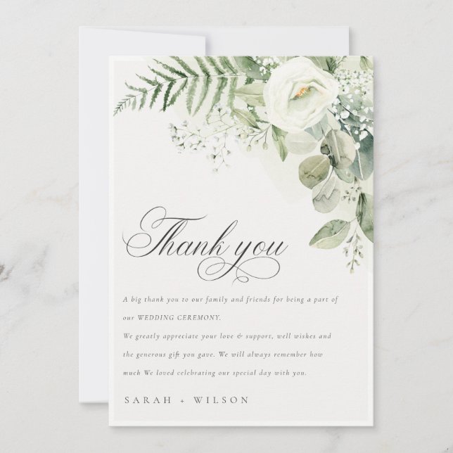 Elegant Fern Eucalyptus Greenery Foliage Wedding Thank You Card (Front)