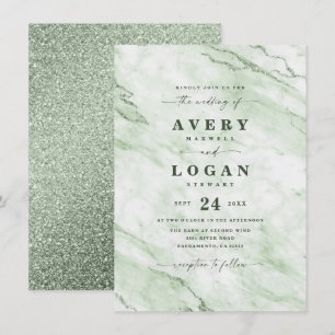 Elegant Fern Green Marble & Glitter Wedding Invitation