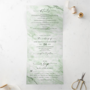 Elegant Fern Green Marble with Foil Wedding Tri-Fold Invitation