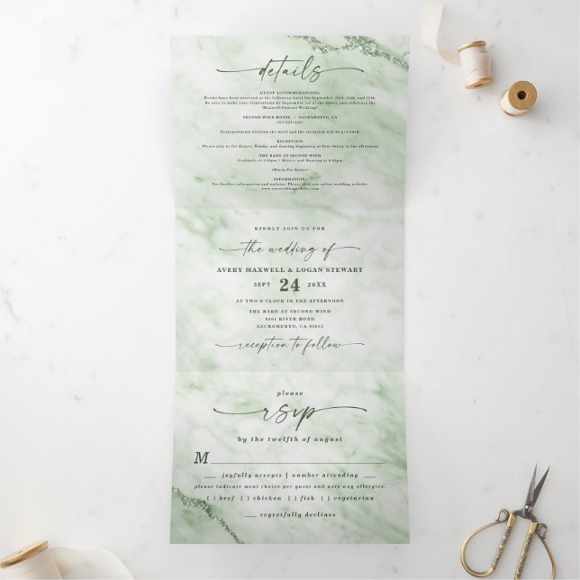 Elegant Fern Green Marble with Foil Wedding Tri-Fold Invitation (Inside)