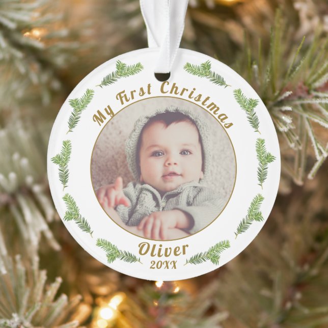 Elegant Festive Baby`s First Christmas Photo Ornament (Tree)
