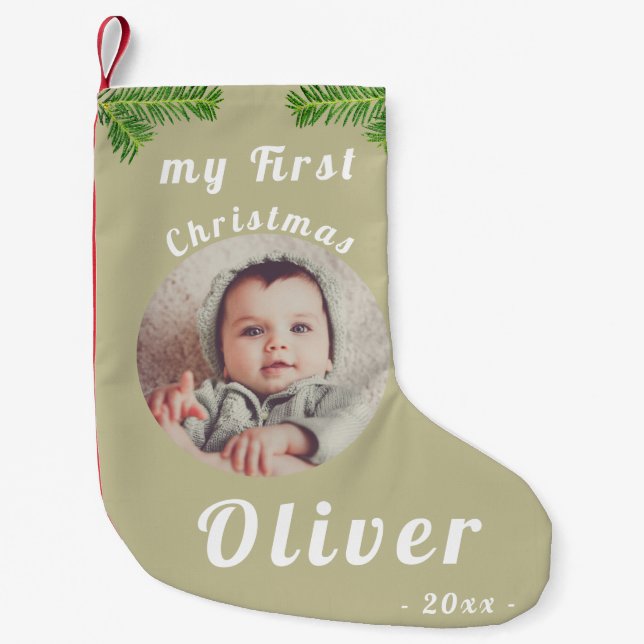 Elegant Festive Baby`s First Christmas Photo  Small Christmas Stocking (Front)