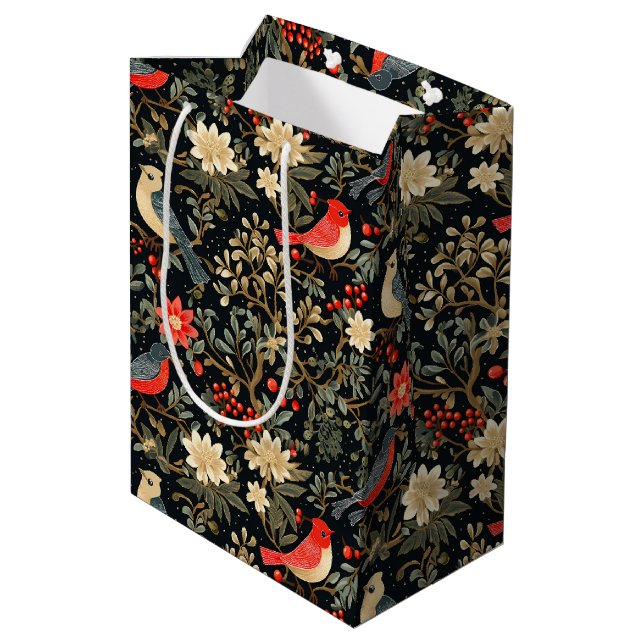 Elegant Festive Birds & Floral Christmas  Medium Gift Bag (Back Angled)