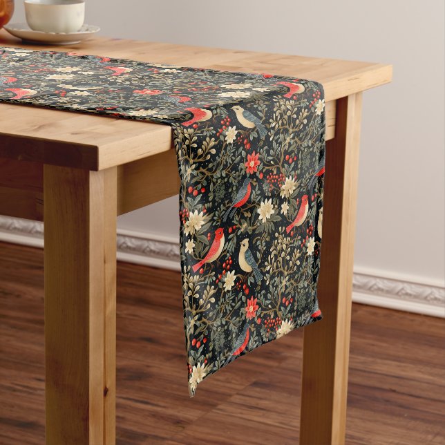 Elegant Festive Birds & Floral Christmas Red  Long Table Runner (In Situ)
