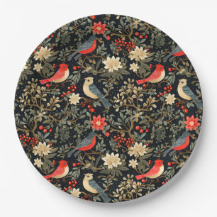 Elegant Festive Birds & Floral Christmas Red  Paper Plate