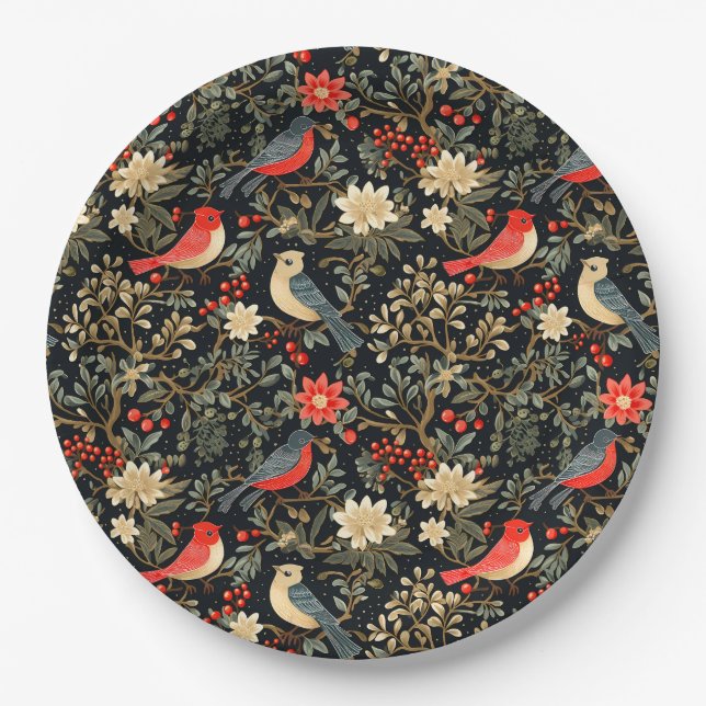 Elegant Festive Birds & Floral Christmas Red  Paper Plate (Front)