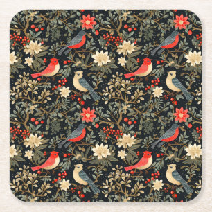 Elegant Festive Birds & Floral Christmas Red  Square Paper Coaster