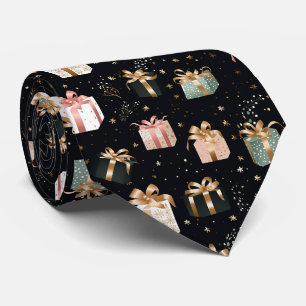 Elegant Festive Black Christmas Gifts Pattern Tie