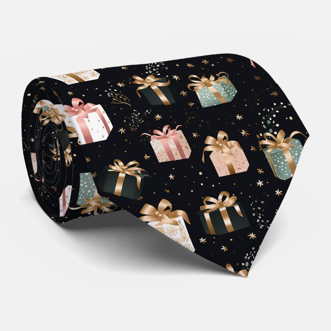 Elegant Festive Black Christmas Gifts Pattern Tie (Rolled)