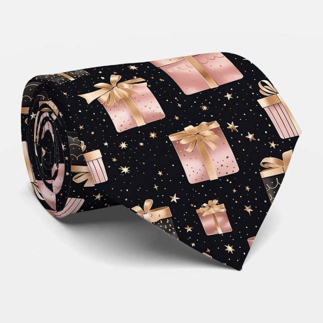 Elegant Festive Black Christmas Gifts Pattern Tie (Rolled)