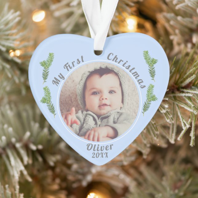 Elegant Festive Blue Baby`s First Christmas Photo Ornament (Tree)