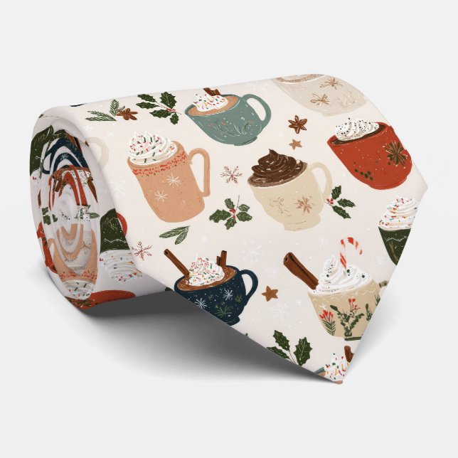 Elegant Festive Christmas Mugs Pattern Tie (Rolled)