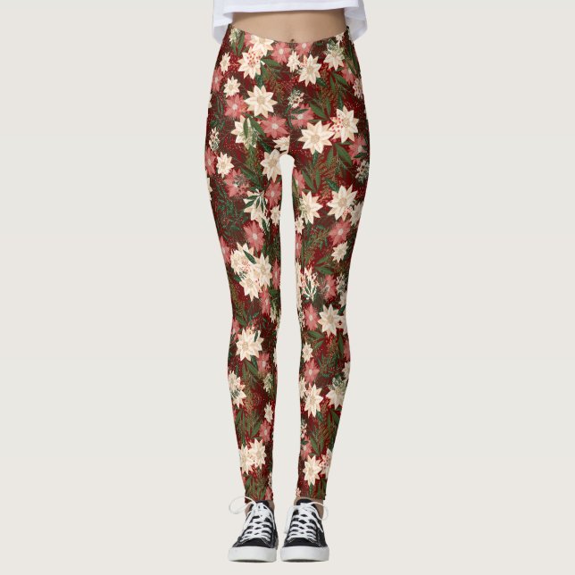 Elegant Festive Christmas Poinsettia Holiday Leggings (Front)