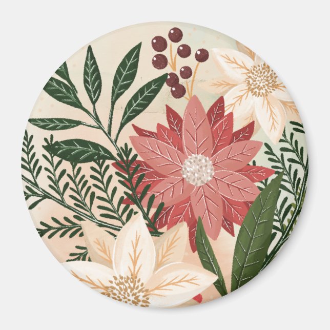 Elegant Festive Christmas Poinsettia Holiday Magnet (Front)