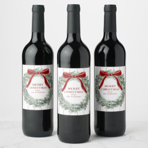 Elegant Festive Christmas Red Bow Wreath Wine Label