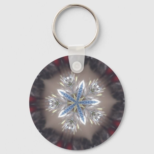Elegant Festive Christmas Star Shiny Blue White Key Ring (Front)