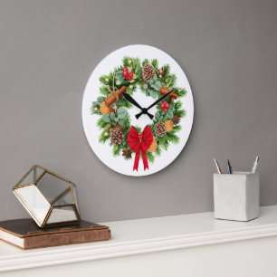 Elegant Festive Christmas Wreath with Red Bow Large Clock