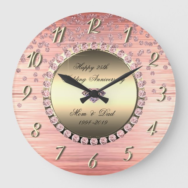 Elegant Festive  Diamonds 25th Wedding Anniversary Large Clock (Front)
