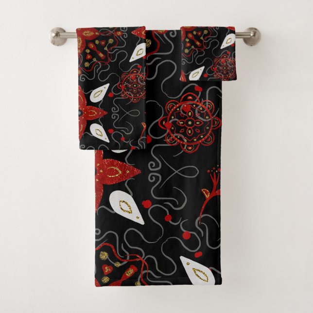 Elegant, festive feel symmetrical floral pattern bath towel set (Insitu)