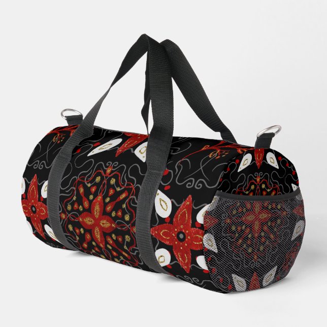 Elegant, festive feel symmetrical floral pattern duffle bag (Right Corner)