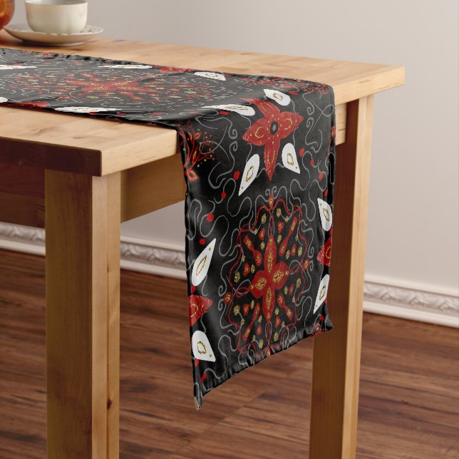 Elegant, festive feel symmetrical floral pattern short table runner (In Situ)