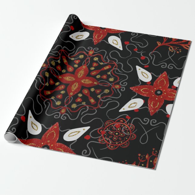 Elegant, festive feel symmetrical floral pattern wrapping paper (Unrolled)