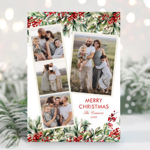 Elegant Festive Five Photo Greenery Holiday Card