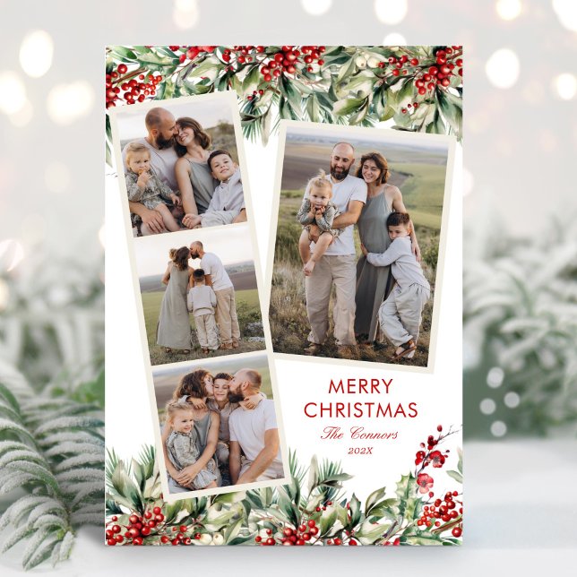 Elegant Festive Five Photo Greenery  Holiday Card (Creator Uploaded)