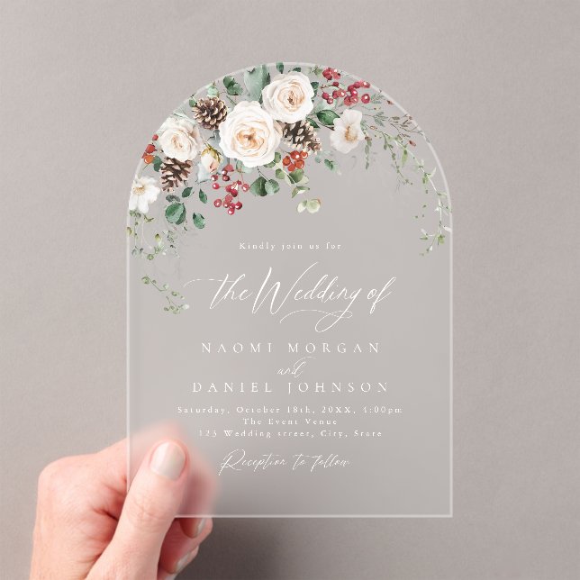 Elegant Festive Floral Holiday Winter Wedding Acrylic Invitations (Insitu (Handheld))