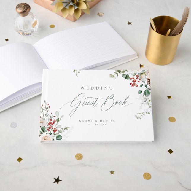 Elegant Festive Floral Holiday Winter Wedding Guest Book (Front Open)