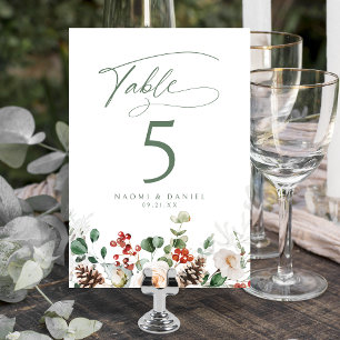 Elegant Festive Floral Holiday Winter Wedding Table Number