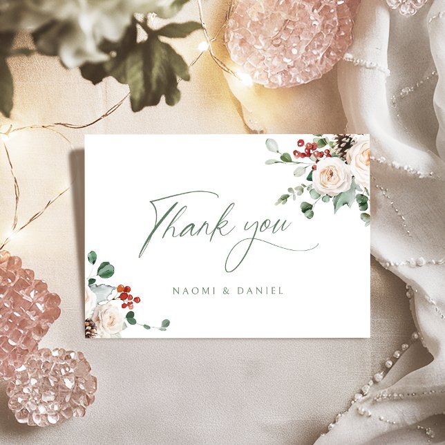 Elegant Festive Floral Holiday Winter Wedding  Thank You Card (Elegant Festive Floral Holiday Winter Wedding Thank You Card)