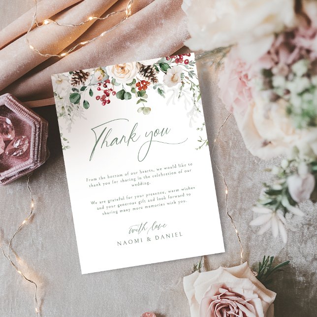 Elegant Festive Floral Holiday Winter Wedding  Thank You Card (Elegant Festive Floral Holiday Winter Wedding Thank You Card)