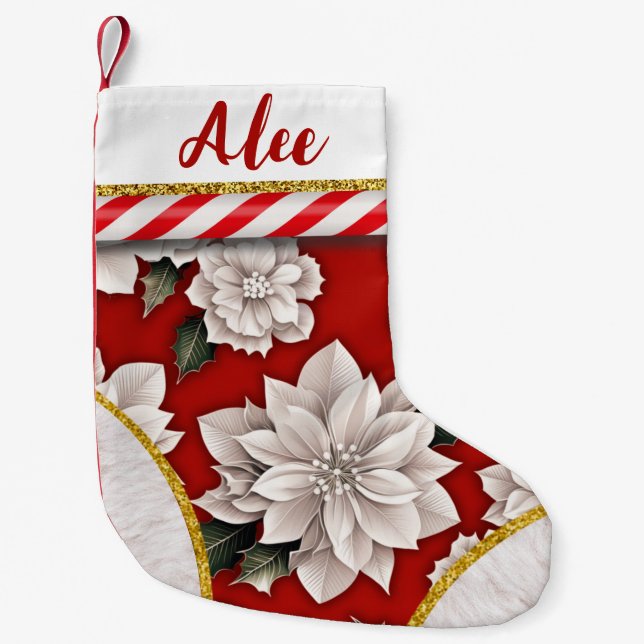 Elegant Festive Floral Personalised Name Small Christmas Stocking (Front)