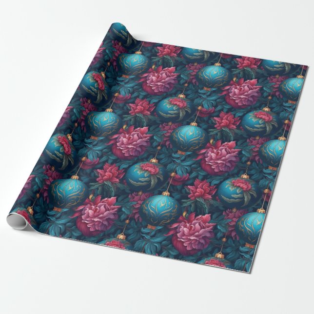 Elegant Festive Florals and Baubles Wrapping Paper (Unrolled)