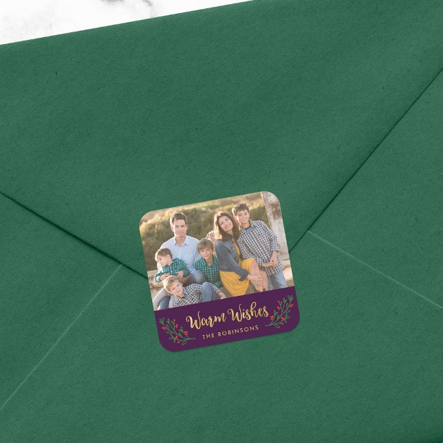Elegant Festive Foliage Warm Wishes Holiday Photo Square Sticker (Creator Uploaded)