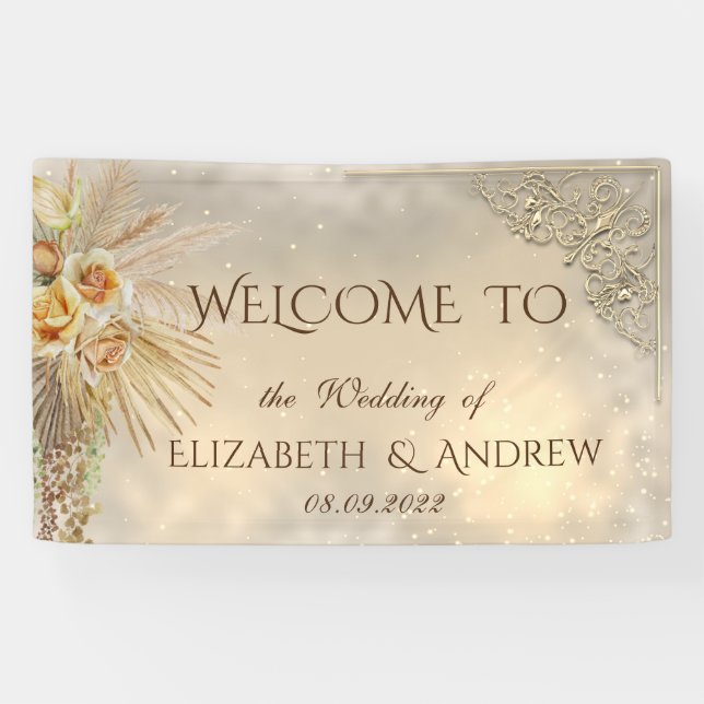 Elegant Festive Gold Boho Flowers  Wedding  Banner (Horizontal)