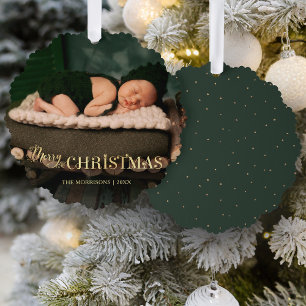 Elegant Festive Gold Merry Christmas Script Photo Tree Decoration Card