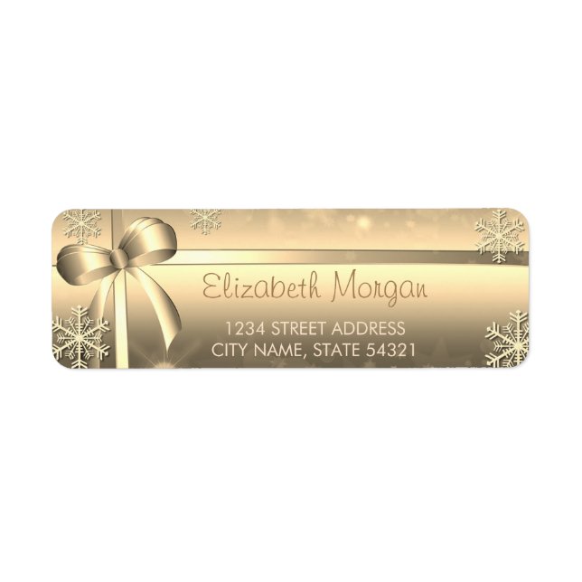 Elegant Festive Gold Snowflakes, Bow Label (Front)